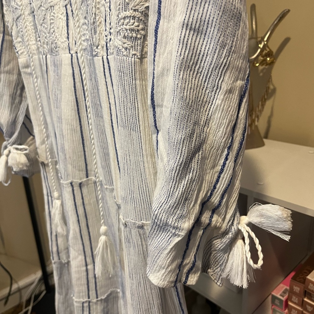 NWT RAGA Fleri White and Blue Striped Floral Embroidered Tie  Long Sleeve Dress - Picture 5 of 13